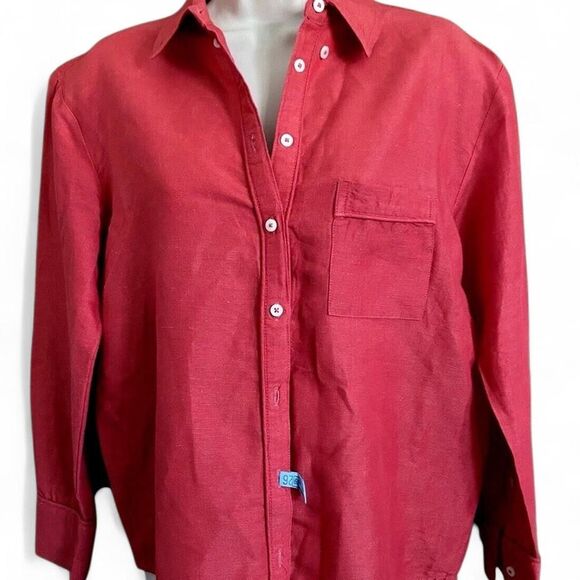 Anthropologie Maeve Red linen cotton button-down shirt. READ - Picture 2 of 7
